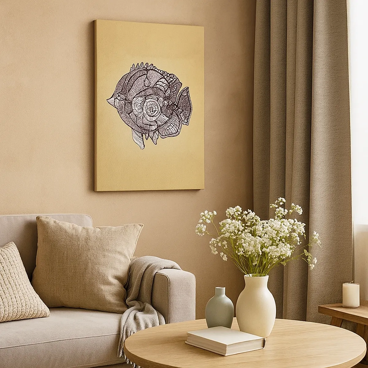 Obraz na płótnie - Czarno-biały rysunek ozdobnej ryby na beżowym tle - 50x70cm - Z oceanu ornamentów - Nowoczesna dekoracja ścienna do salonu, kuchni i sypialni ARTTOR