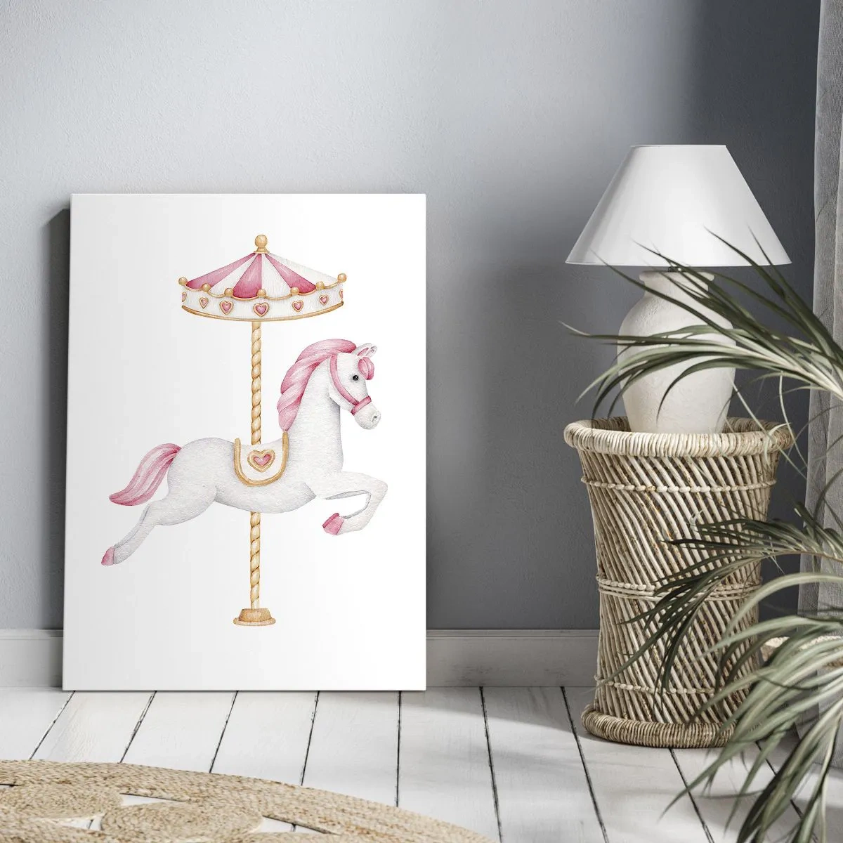 Obraz na płótnie - Delikatna ilustracja konika karuzelowego w różowo-złotej kolorystyce - 50x70cm - Ruszył z kopyta - Nowoczesna dekoracja ścienna do salonu, kuchni i sypialni ARTTOR