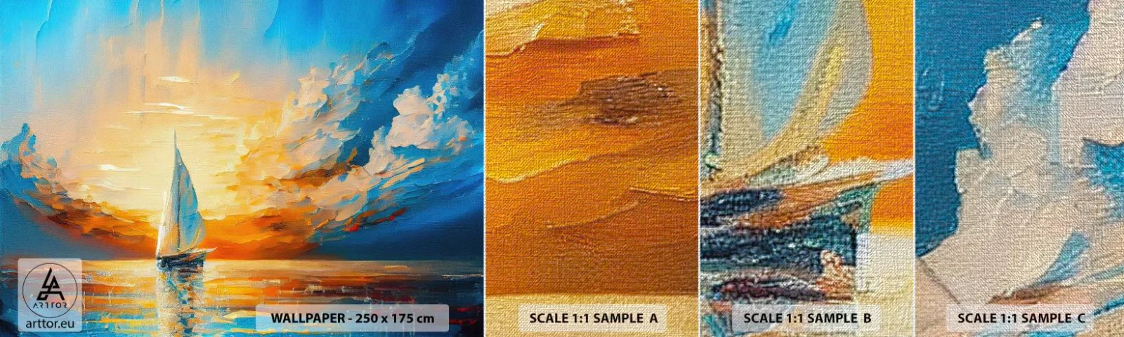 Fototapeta Próbka Premium Canvas - Żegluga w złocie - Pejzaż, Marynistyczny, Żaglówka - 100x30 cm