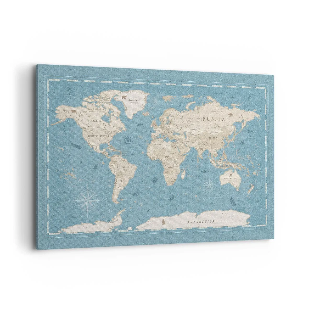 Obraz na płótnie - Dekoracyjna mapa świata w odcieniach niebieskiego i beżu - 120x80cm - Świat w zasięgu ręki - Nowoczesna dekoracja ścienna do salonu, kuchni i sypialni ARTTOR