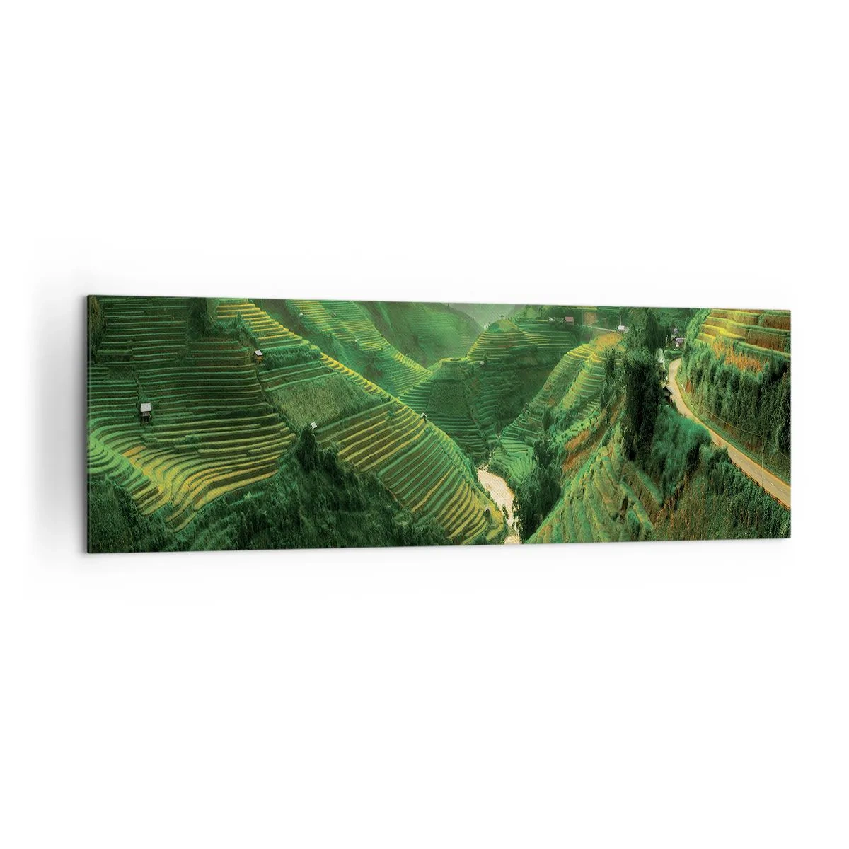 Obraz na płótnie - Malownicze tarasy ryżowe w zielonej dolinie oświetlone zachodzącym słońcem - 160x50cm - Wietnamska dolina - Nowoczesna dekoracja ścienna do salonu i sypialni ARTTOR