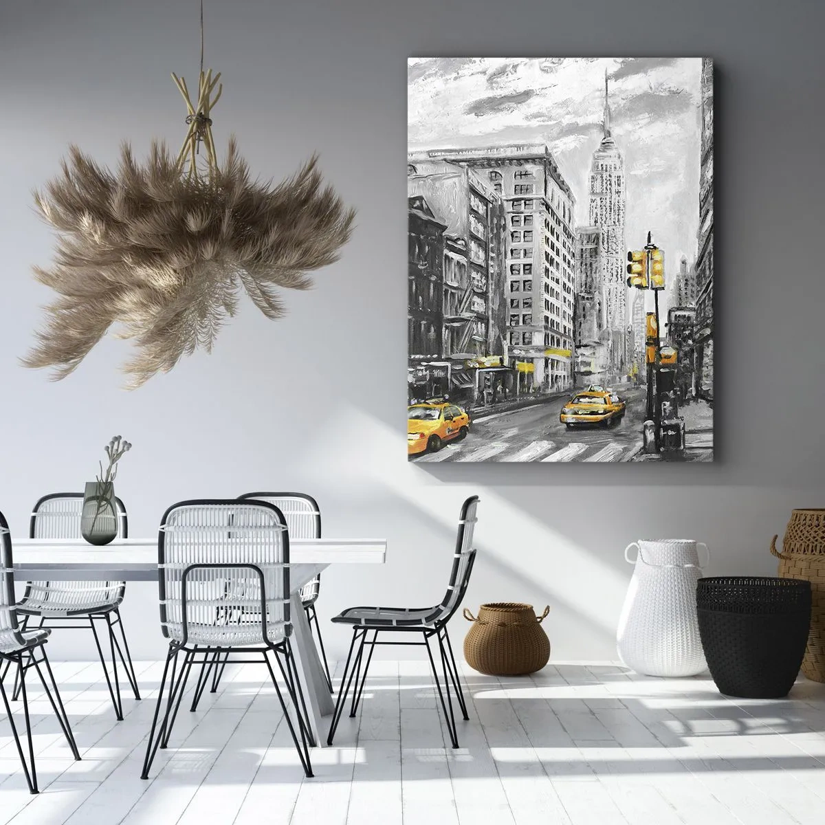 Obraz na płótnie - Nowojorska ulica z żółtymi taksówkami w artystycznej odsłonie - 50x70cm - Nowojorska opowieść - Nowoczesna dekoracja ścienna do salonu, kuchni i sypialni ARTTOR
