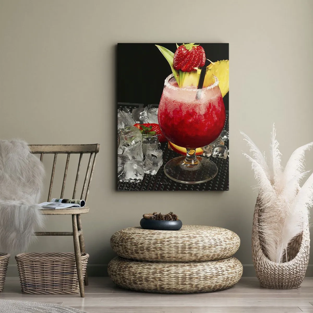 Obraz na płótnie - Kolorowy koktajl z truskawkami, lodem i ananasem - 70x100cm - Wyczarować smak - Nowoczesna dekoracja ścienna do salonu i sypialni ARTTOR