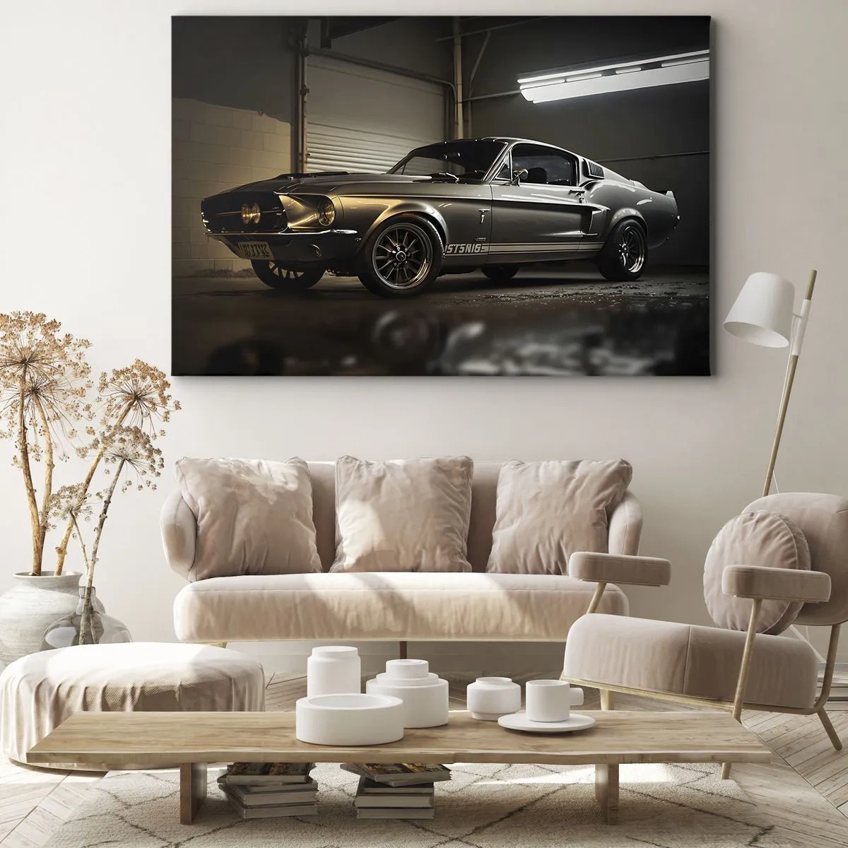 Obraz na płótnie - Klasyczny samochód w garażu w stylu retro - 70x50cm - Powrót do przeszłości - Nowoczesna dekoracja ścienna do salonu i sypialni ARTTOR