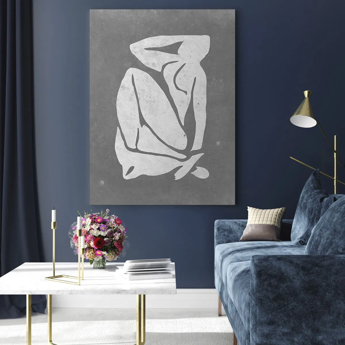 Obraz na szkle - Minimalistyczny rysunek sylwetki na szarym tle - 80x120cm - W zamyśleniu - Nowoczesna dekoracja ścienna do salonu i sypialni ARTTOR