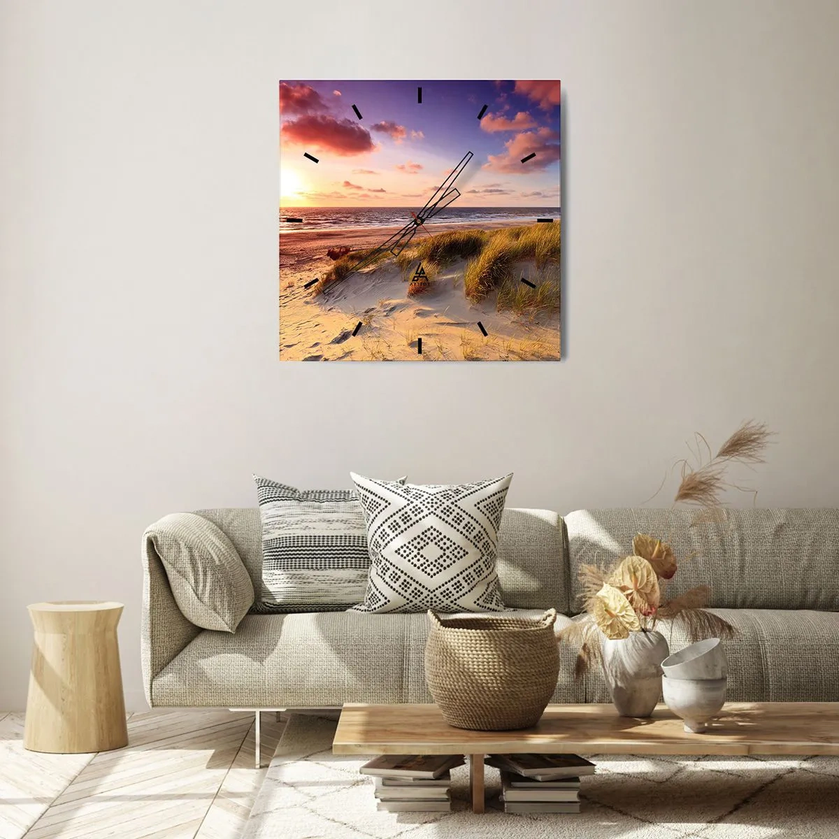 Zegar ścienny - Plaża z trawami i zachód słońca nad spokojnym morzem - 30x30cm - Już latem pachnie powietrze - Nowoczesna dekoracja ścienna do salonu i sypialni ARTTOR