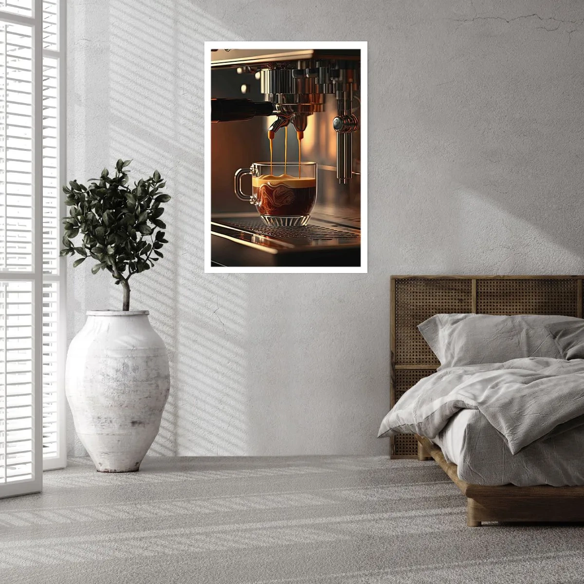 Plakat - Ekspres do kawy nalewający espresso do filiżanki - 50x70cm - Zmysłowa mikstura - Nowoczesna dekoracja ścienna do salonu, kuchni i sypialni ARTTOR