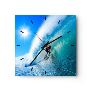 Zegar ścienny - Surfer na desce pływający wewnątrz potężnej fali pod błękitnym niebem - 30x30cm - Przez wielki błękit - Nowoczesna dekoracja ścienna do salonu i sypialni ARTTOR
