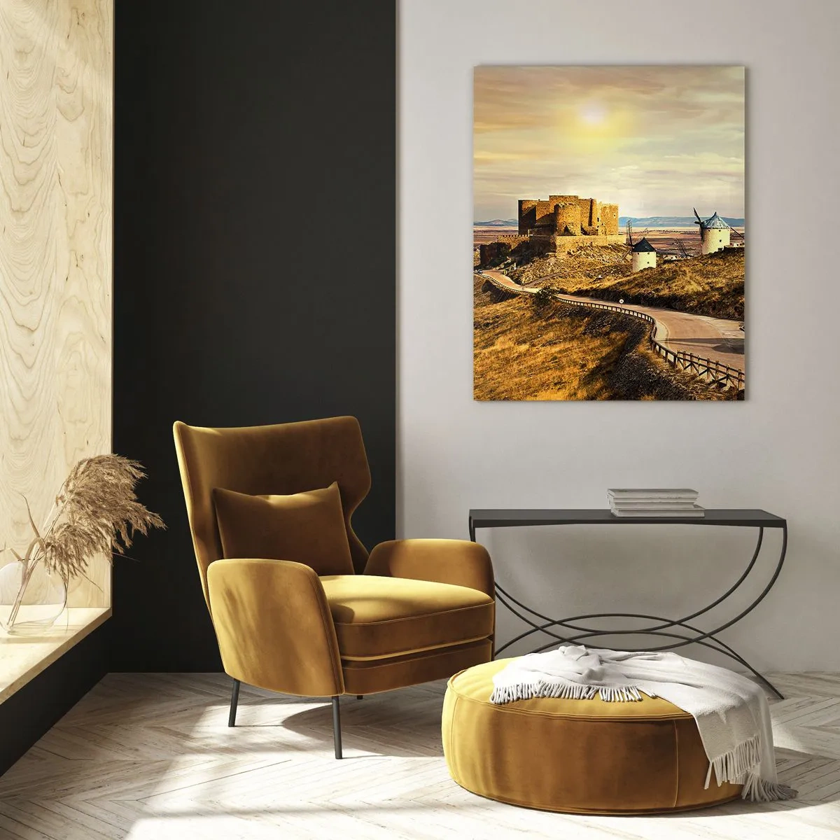 Obraz na szkle - Wiatraki na wzgórzach z historycznym zamkiem w tle - 80x120cm - Zaraz pojawi się Don Kichot - Nowoczesna dekoracja ścienna do salonu i sypialni ARTTOR