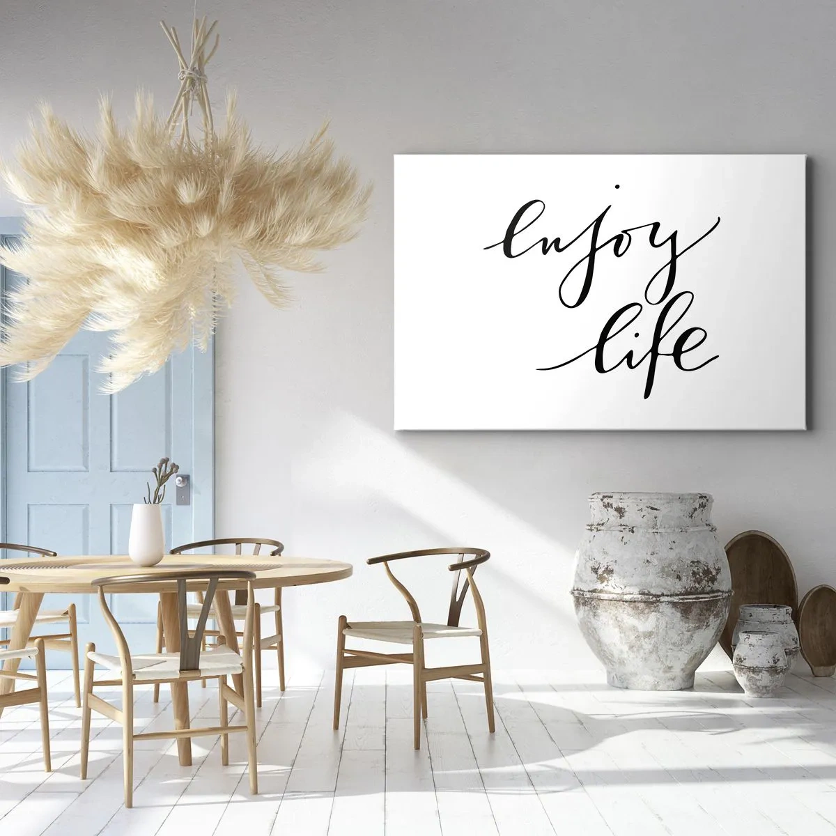 Obraz na płótnie - Cytat 'enjoy life' w czarnej kaligrafii na białym tle - 70x50cm - Nic dodać… - Nowoczesna dekoracja ścienna do salonu i sypialni ARTTOR