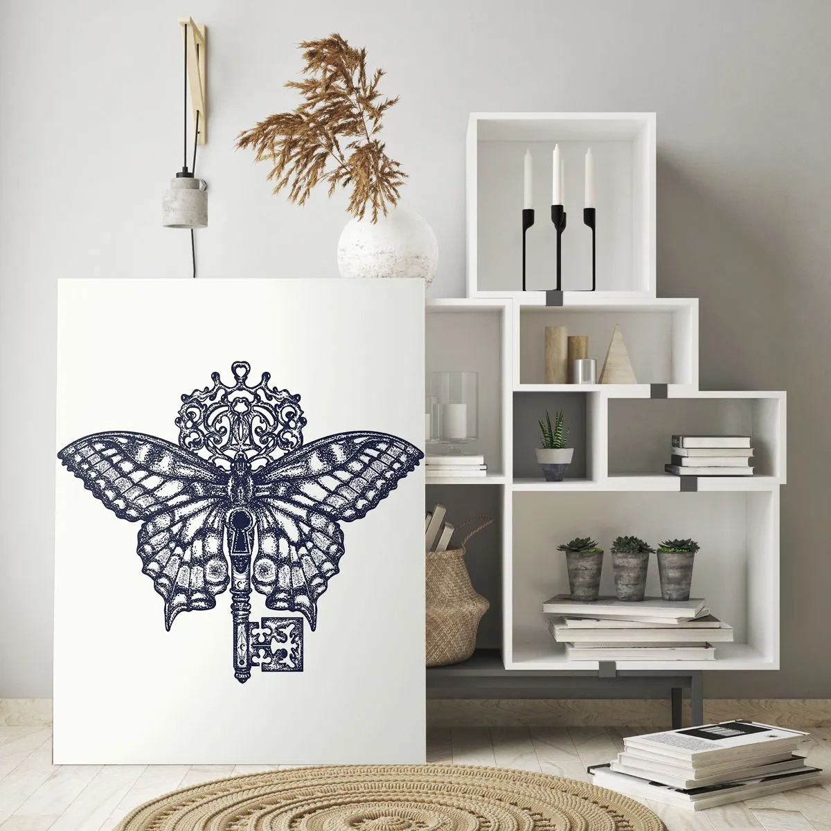 Obraz na szkle - Stylowa grafika motyla z kluczem w minimalistycznym stylu - 80x120cm - Wszystkie tajemnice serca - Nowoczesna dekoracja ścienna do salonu i sypialni ARTTOR