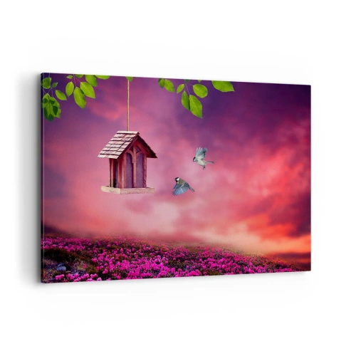 Obraz na płótnie - Malowniczy krajobraz z budką dla ptaków i zachodem słońca - 120x80cm - Zaproszenie na kolację - Nowoczesna dekoracja ścienna do salonu, kuchni i sypialni ARTTOR