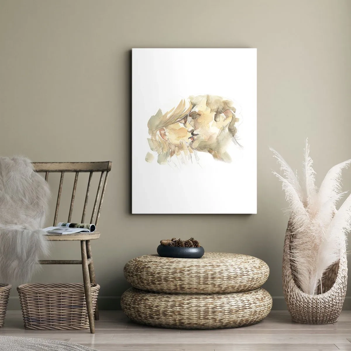 Obraz na płótnie - Akwarelowa ilustracja całującej się pary - 50x70cm - Odnaleziona połowa? - Nowoczesna dekoracja ścienna do salonu, kuchni i sypialni ARTTOR