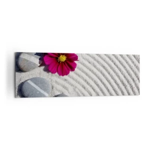 Obraz na płótnie - Kamienie i różowy kwiat na piasku w stylu zen - 160x50cm - Energia i spokój magicznego kręgu natury - Nowoczesna dekoracja ścienna do salonu i sypialni ARTTOR