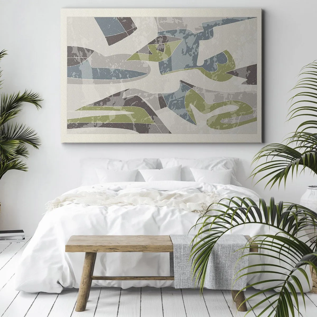 Obraz na płótnie - Abstrakcyjne kształty w zieleni i błękicie na jasnym tle - 120x80cm - Kompozycja za szybą - Nowoczesna dekoracja ścienna do salonu, kuchni i sypialni ARTTOR