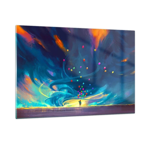 Obraz na szkle - Osoba trzymająca kolorowe balony na tle niebieskiego wiatru - 120x80cm - Na niebieski wiatr - Nowoczesna dekoracja ścienna do salonu, kuchni i sypialni ARTTOR