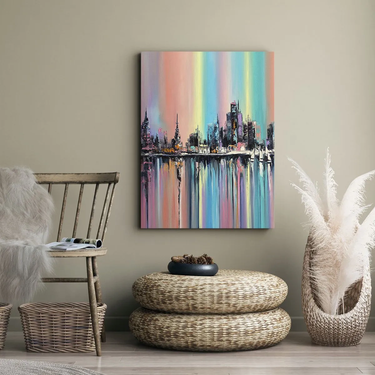 Obraz na płótnie - Kolorowy pejzaż miasta z odbiciem w wodzie - 50x70cm - Spłynąć światłem nocy - Nowoczesna dekoracja ścienna do salonu, kuchni i sypialni ARTTOR
