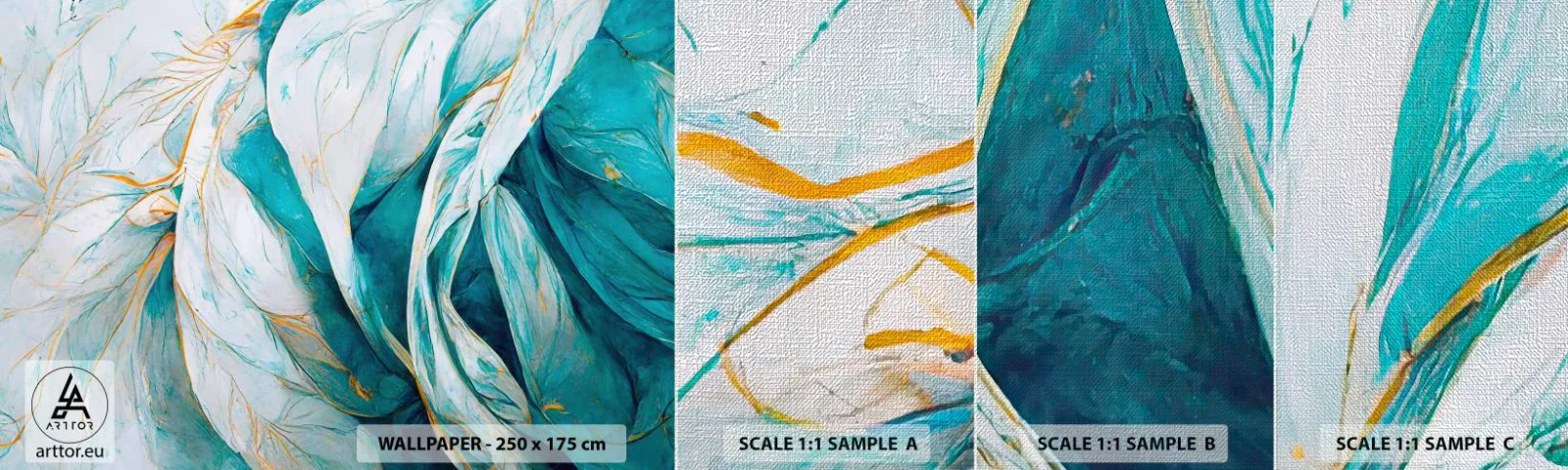 Fototapeta Próbka Premium Canvas - Błękitna abstrakcja z motywem złota - Sztuka, Art Deco, Subtelny - 100x30 cm