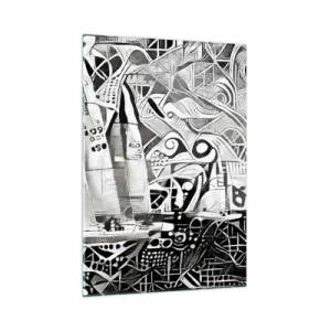 Obraz na szkle - Czarno-biała abstrakcja z żaglówkami i geometrycznymi wzorami - 50x70cm - Między falami - Nowoczesna dekoracja ścienna do salonu, kuchni i sypialni ARTTOR