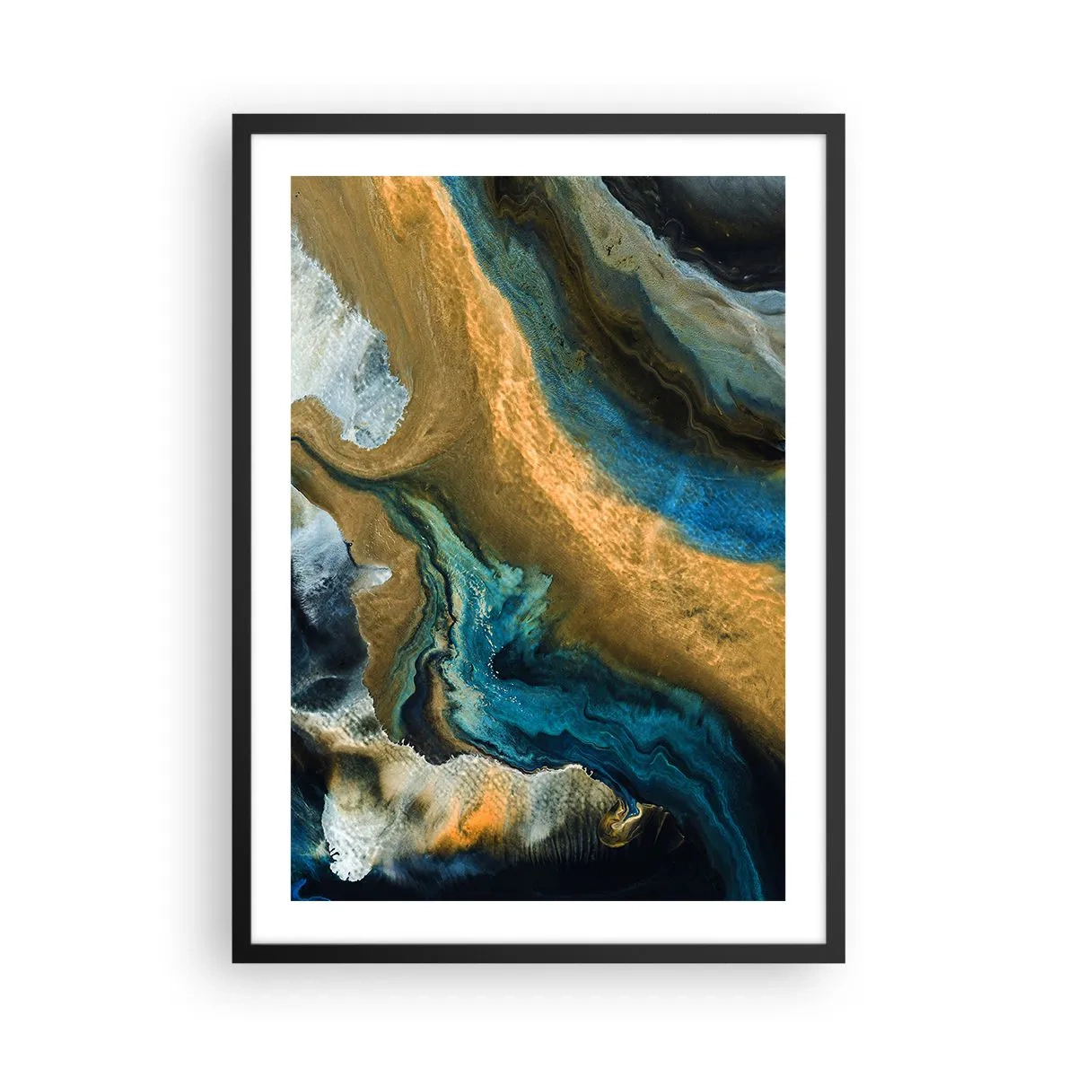 Plakat w czarnej ramie - Abstrakcyjna kompozycja w odcieniach złota i niebieskiego - 50x70cm - Niebieski – zółty – wzajemne wpływy - Nowoczesna dekoracja ścienna do salonu i sypialni ARTTOR