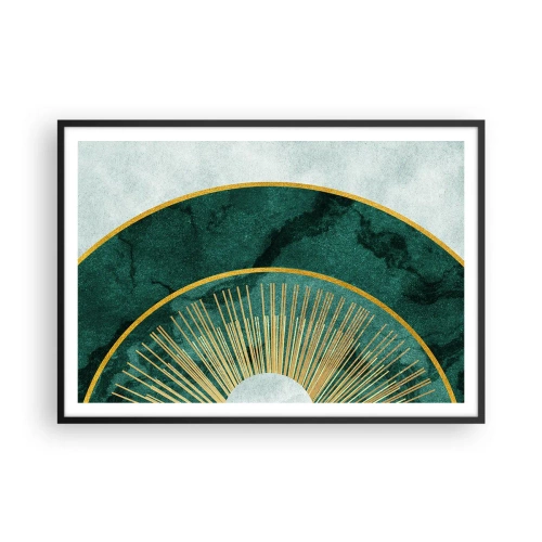 Plakat w czarnej ramie - Abstrakcyjny wzór z okręgami w szmaragdowym i złotym kolorze - 100x70cm - Inny układ słoneczny - Nowoczesna dekoracja ścienna do salonu i sypialni ARTTOR