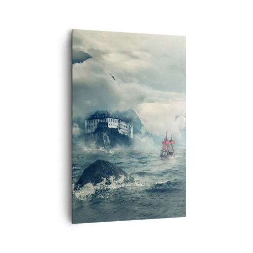 Obraz na płótnie - Tajemniczy krajobraz z zamkiem, górami i statkiem - 80x120cm - Na magicznych wodach - Nowoczesna dekoracja ścienna do salonu i sypialni ARTTOR