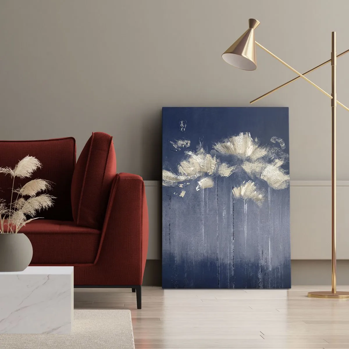 Obraz na płótnie - Złote płatki na granatowym tle - 50x70cm - Jak płatki na wietrze - Nowoczesna dekoracja ścienna do salonu, kuchni i sypialni ARTTOR