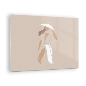 Obraz na szkle - Stylizowana postać kobiety w białym kapeluszu - 70x50cm - Moda to zabawa - Nowoczesna dekoracja ścienna do salonu i sypialni ARTTOR