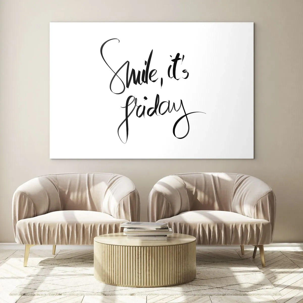Obraz na szkle - Cytat Smile it's Friday w kaligrafii - 120x80cm - Prawdziwa radość - Nowoczesna dekoracja ścienna do salonu, kuchni i sypialni ARTTOR