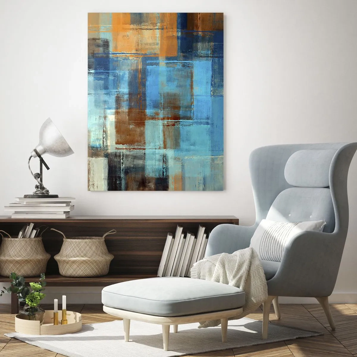Obraz na szkle - Abstrakcyjna kompozycja geometryczna w odcieniach niebieskiego i brązu - 50x70cm - Przez błękitną zasłonę - Nowoczesna dekoracja ścienna do salonu, kuchni i sypialni ARTTOR