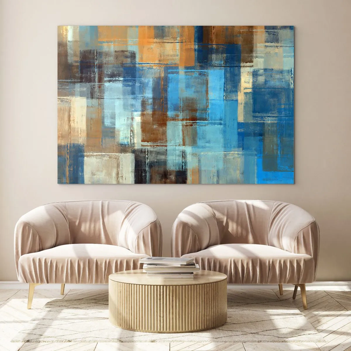 Obraz na szkle - Abstrakcyjna kompozycja geometryczna w odcieniach niebieskiego i brązu - 70x50cm - Przez błękitną zasłonę - Nowoczesna dekoracja ścienna do salonu i sypialni ARTTOR