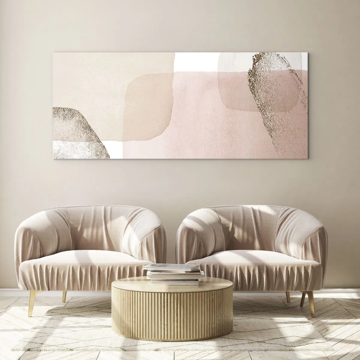 Obraz na szkle - Pastelowe plamy z elementami złota - 160x50cm - Spojrzenie przez kolor - Nowoczesna dekoracja ścienna do salonu i sypialni ARTTOR