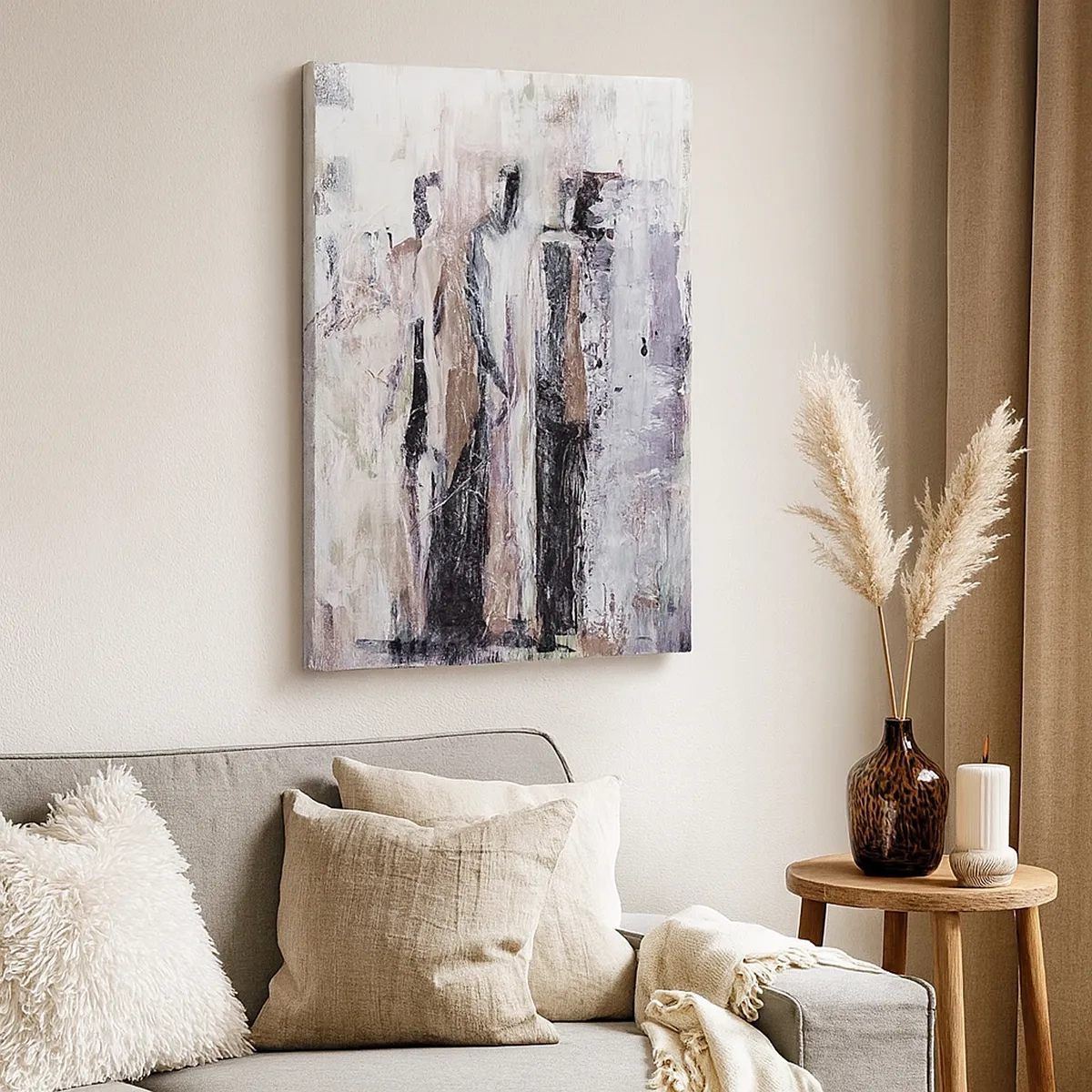 Obraz na płótnie - Abstrakcyjne sylwetki trzech postaci w stonowanej kolorystyce - 50x70cm - Tajemnicza trójka - Nowoczesna dekoracja ścienna do salonu, kuchni i sypialni ARTTOR