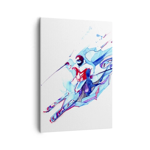 Obraz na płótnie - Akwarelowy obraz narciarza w dynamicznym zjeździe z górskiej trasy - 50x70cm - Szalony pęd do radości - Nowoczesna dekoracja ścienna do salonu, kuchni i sypialni ARTTOR