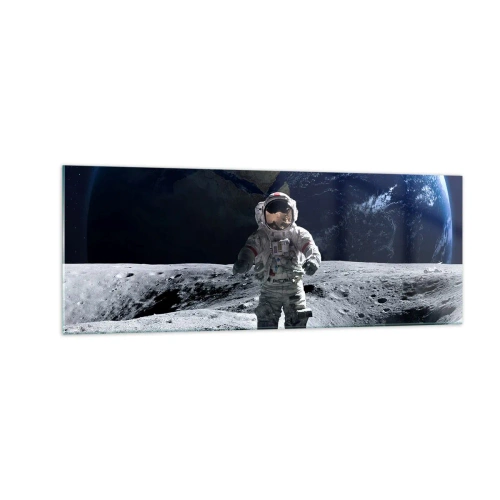 Obraz na szkle - Astronauta na powierzchni Księżyca z Ziemią w tle - 140x50cm - Pozdrowienia z Księżyca - Nowoczesna dekoracja ścienna do salonu i sypialni ARTTOR