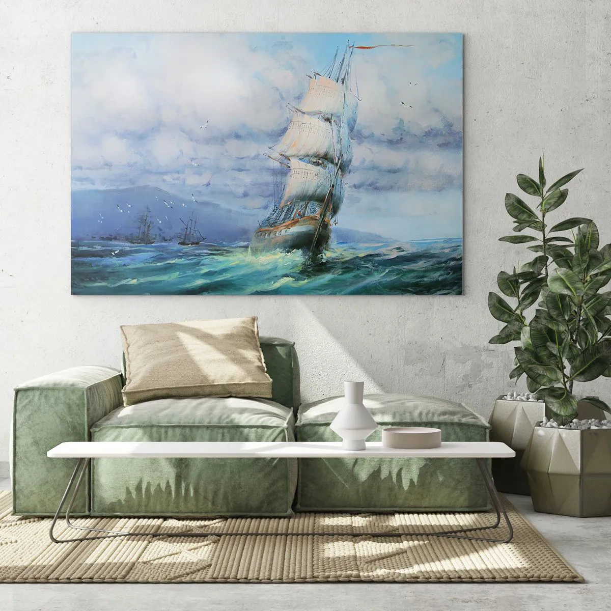 Obraz na szkle - Statek z żaglami płynący po wzburzonym morzu pod pochmurnym niebem - 70x50cm - Pomyślnych wiatrów - Nowoczesna dekoracja ścienna do salonu i sypialni ARTTOR