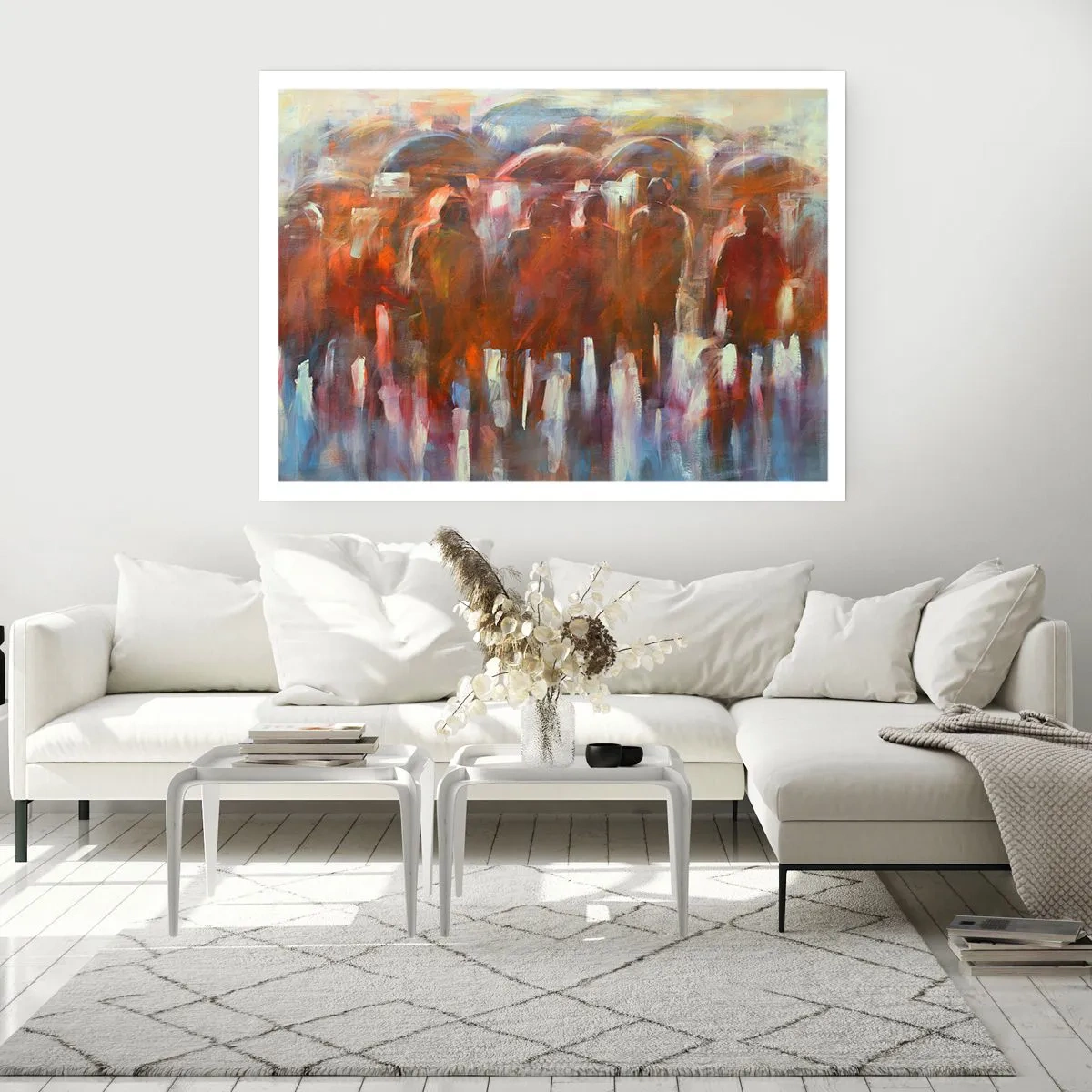 Plakat - Tłum ludzi z parasolami w deszczowej, artystycznej scenerii - 100x70cm - Równi w deszczu i mgle - Nowoczesna dekoracja ścienna do salonu i sypialni ARTTOR