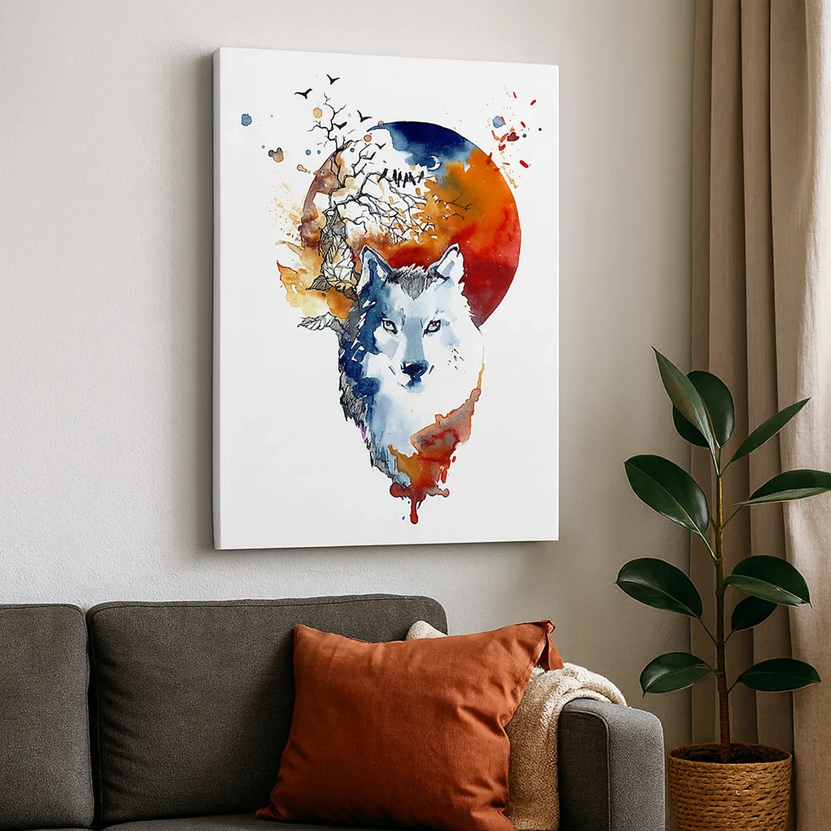 Obraz na płótnie - Wilk w stylu akwareli z czerwonym księżycem w tle - 50x70cm - Nos w nos z nocą - Nowoczesna dekoracja ścienna do salonu, kuchni i sypialni ARTTOR