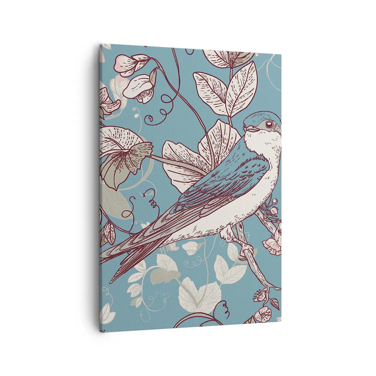 Obraz na płótnie - Ptak na tle botanicznego wzoru w pastelowych odcieniach - 50x70cm - W białodrzewiu ćwirnie i srebliście - Nowoczesna dekoracja ścienna do salonu, kuchni i sypialni ARTTOR