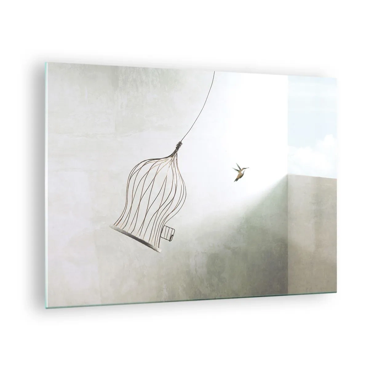 Obraz na szkle - Otwarta klatka i odlatujący koliber w świetle dziennym - 70x50cm - W swoim żywiole - Nowoczesna dekoracja ścienna do salonu i sypialni ARTTOR