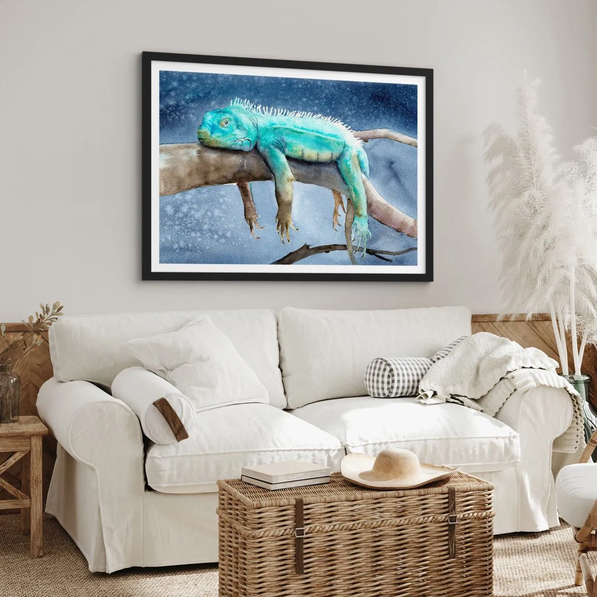 Plakat w czarnej ramie - Błękitna iguana odpoczywająca na gałęzi - 70x50cm - Jest dobrze! - Nowoczesna dekoracja ścienna do salonu i sypialni ARTTOR
