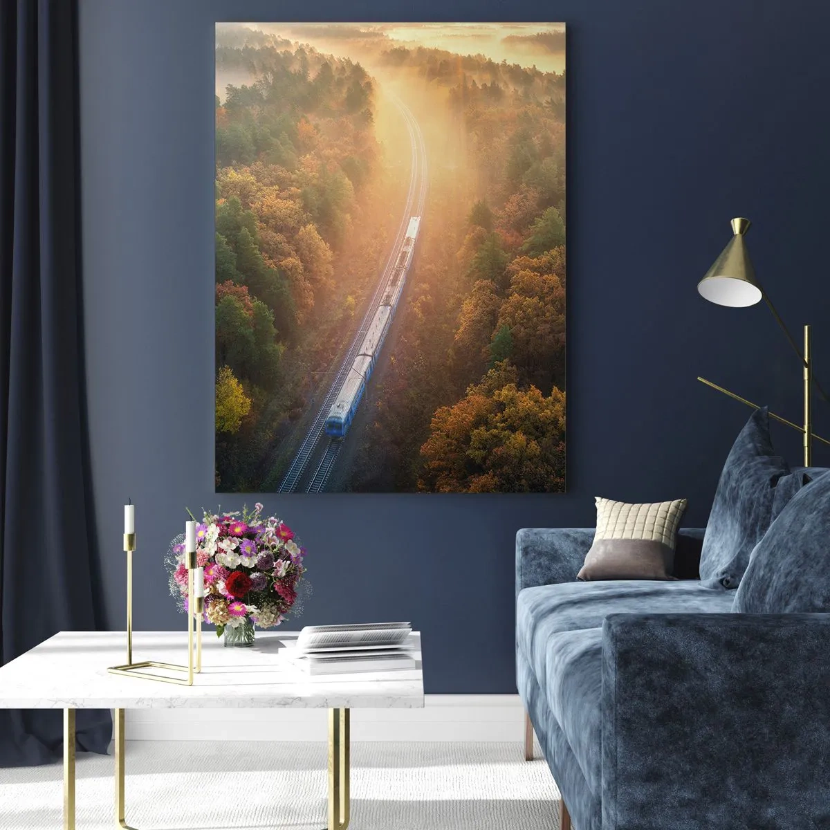 Obraz na szkle - Pociąg w jesiennym lesie o świcie - 70x100cm - Jesienna podróż - Nowoczesna dekoracja ścienna do salonu i sypialni ARTTOR