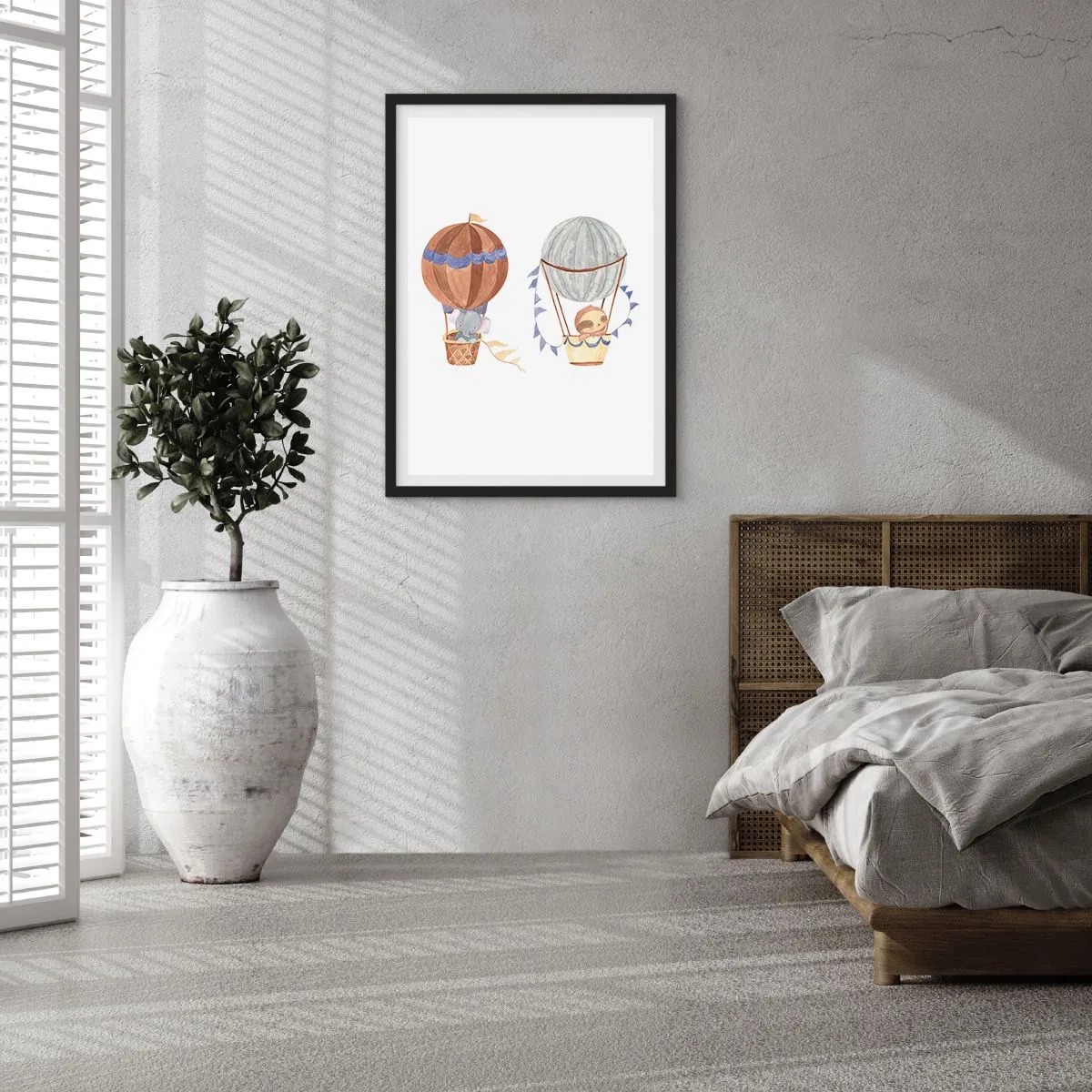 Plakat w czarnej ramie - Urocze zwierzątka w balonach na białym tle w stylu akwareli - 50x70cm - Przyjaciele w podróży - Nowoczesna dekoracja ścienna do salonu i sypialni ARTTOR