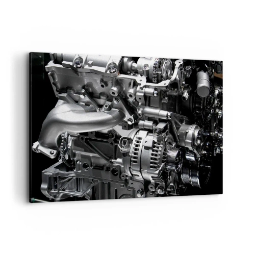 Obraz na płótnie - Metalowe części silnika w zbliżeniu na czarnym tle - 120x80cm - Stalowy, piękny, silny - Nowoczesna dekoracja ścienna do salonu, kuchni i sypialni ARTTOR