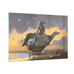 Obraz na szkle - Postać na gigantycznym ptaku w świetle zachodzącego słońca - 100x70cm - Przystanek w fantastycznej podróźy - Nowoczesna dekoracja ścienna do salonu, kuchni i sypialni ARTTOR