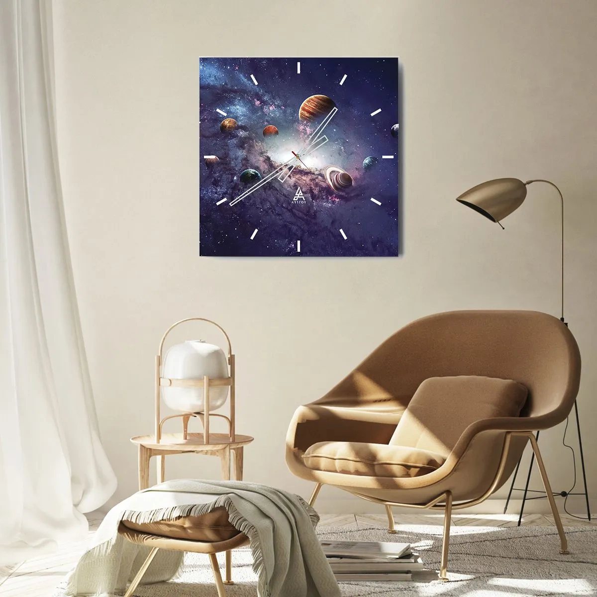 Zegar ścienny - Planety w galaktyce na tle mgławicy - 30x30cm - Układ słoneczno-taneczny - Nowoczesna dekoracja ścienna do salonu i sypialni ARTTOR