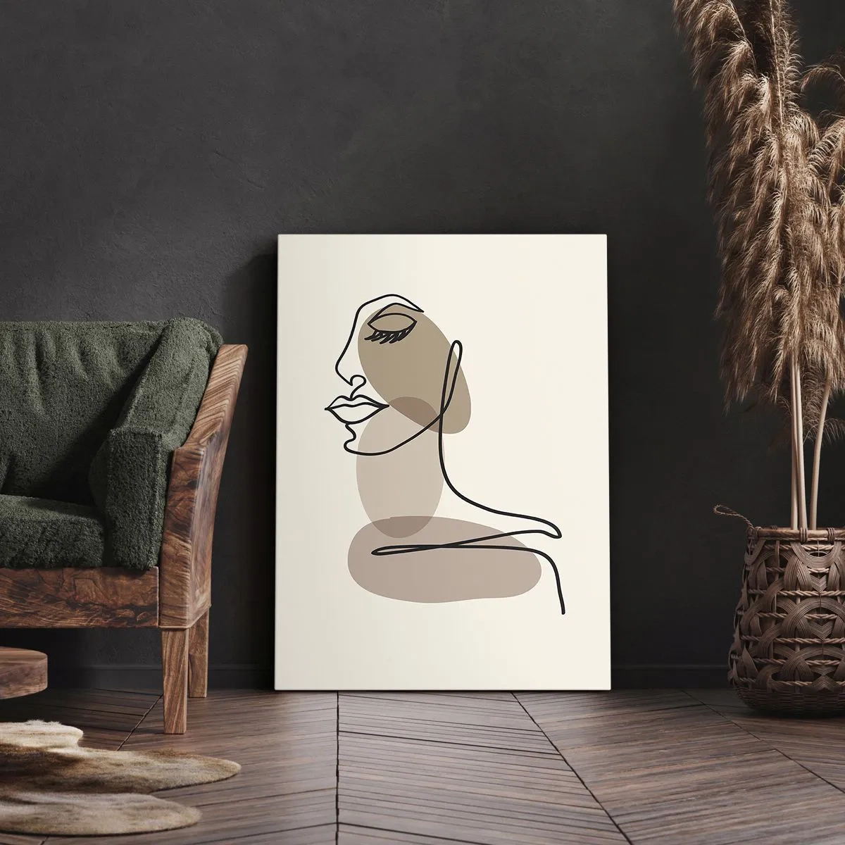 Obraz na płótnie - Minimalistyczna linia tworząca profil kobiety na beżowym tle - 50x70cm - Zasłuchana w siebie - Nowoczesna dekoracja ścienna do salonu, kuchni i sypialni ARTTOR