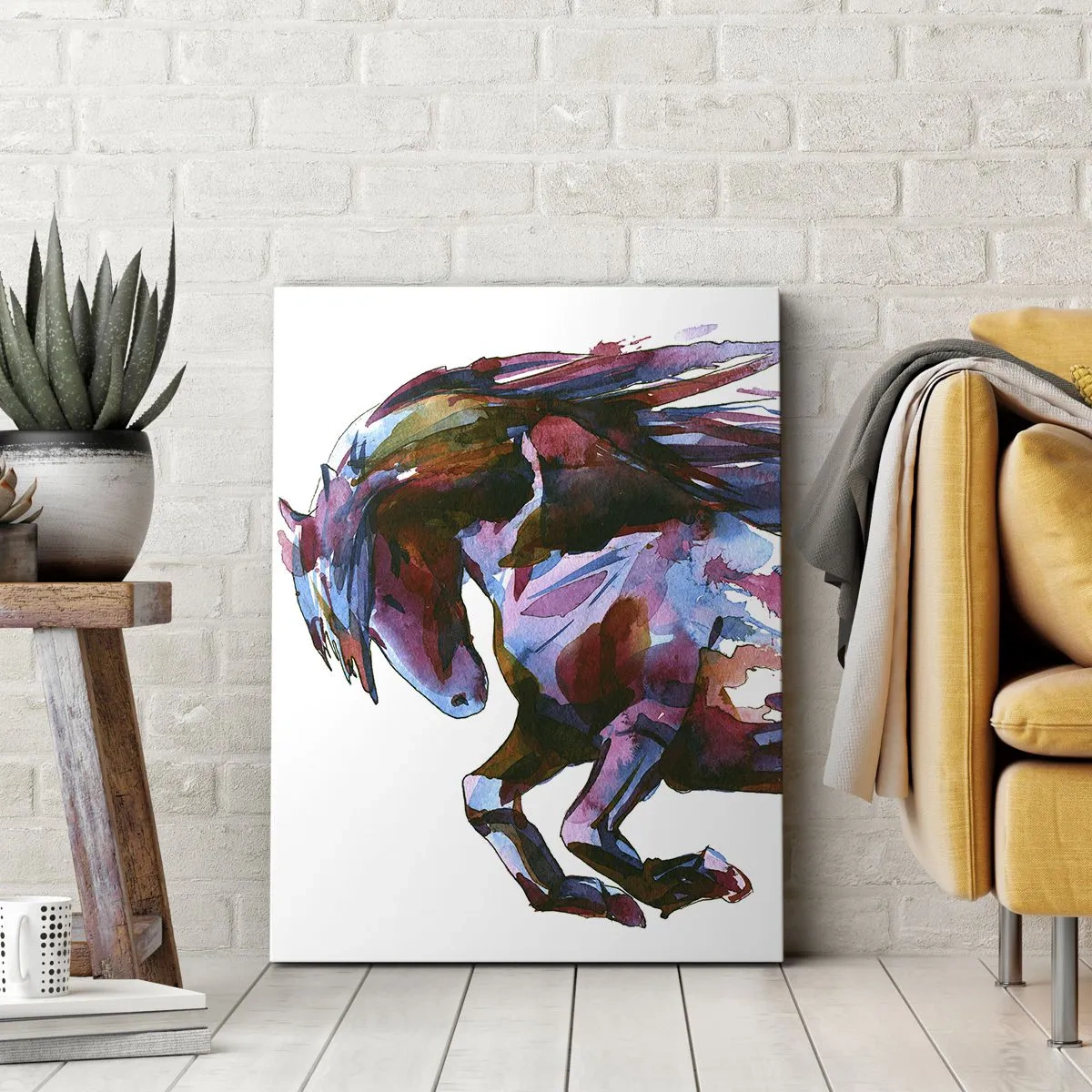 Obraz na płótnie - Koń w dynamicznej pozie z kolorowymi, abstrakcyjnymi pociągnięciami pędzla - 50x70cm - W uniesieniu - Nowoczesna dekoracja ścienna do salonu, kuchni i sypialni ARTTOR