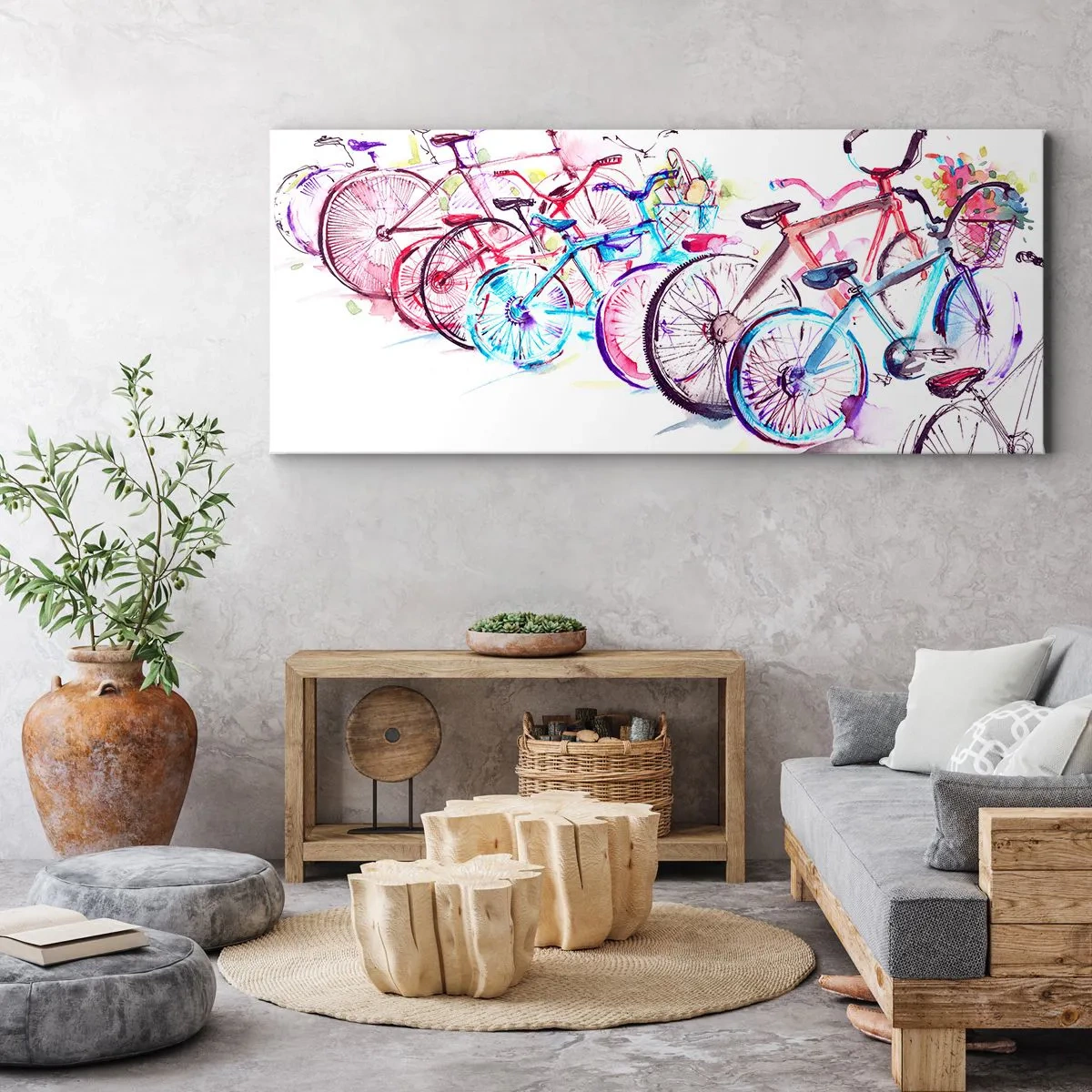Obraz na płótnie - Kolorowe rowery w artystycznym stylu akwarelowym - 140x50cm - Zjazd klubu Antymoto - Nowoczesna dekoracja ścienna do salonu i sypialni ARTTOR