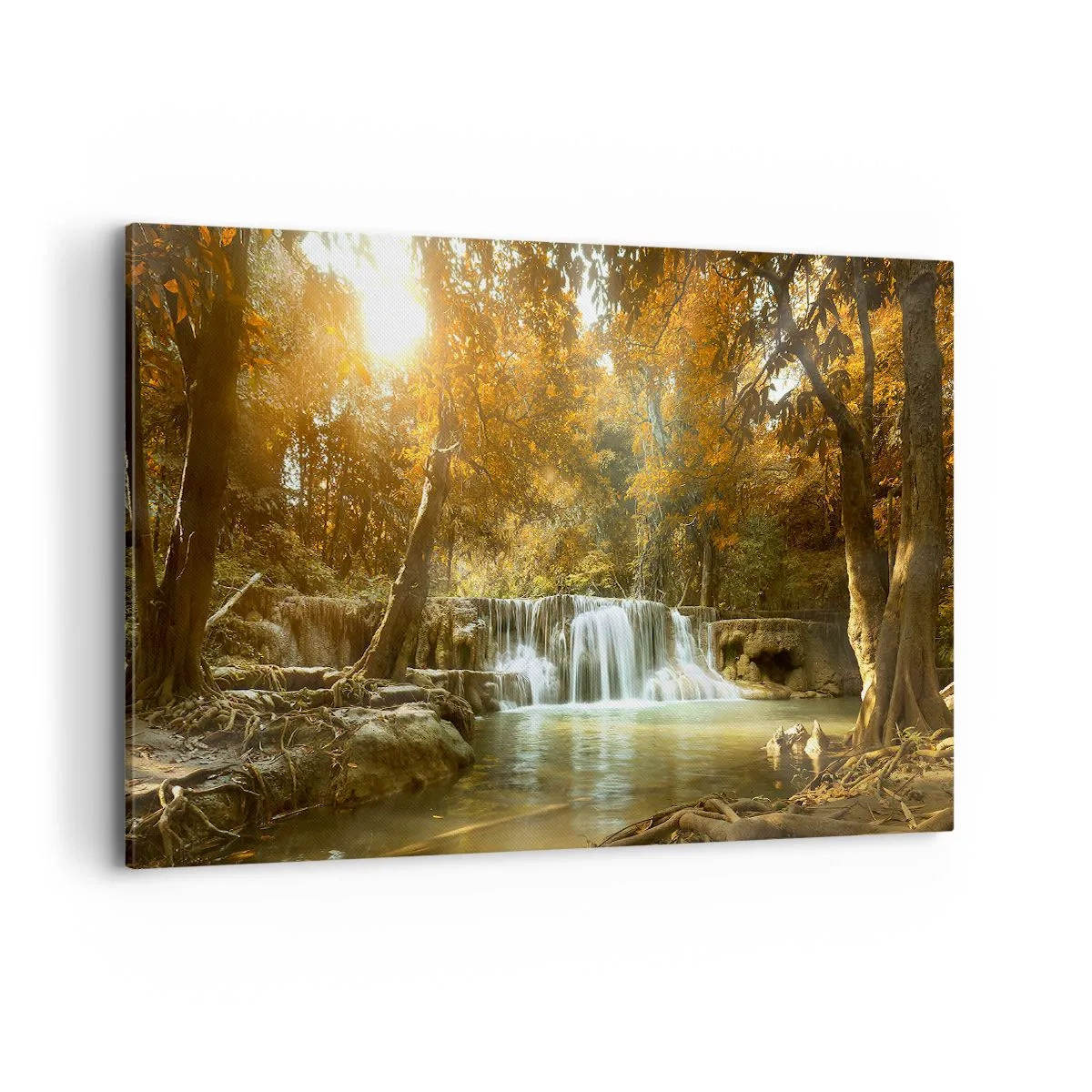 Obraz na płótnie - Jesienny krajobraz z wodospadem - 100x70cm - Parkowa kaskada - Nowoczesna dekoracja ścienna do salonu, kuchni i sypialni ARTTOR